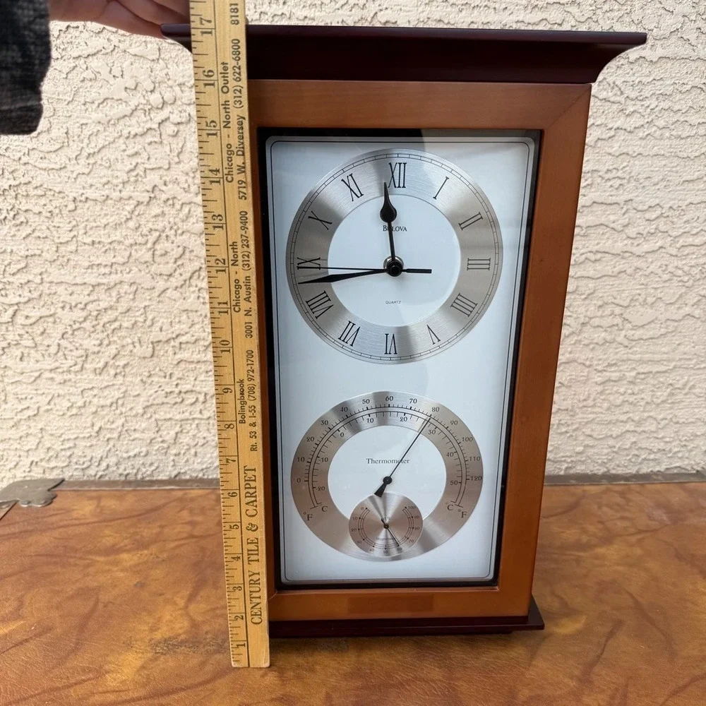 Bulova Quartz Wall Clock Thermometer Hygrometer Wood Frame Weather Station 17